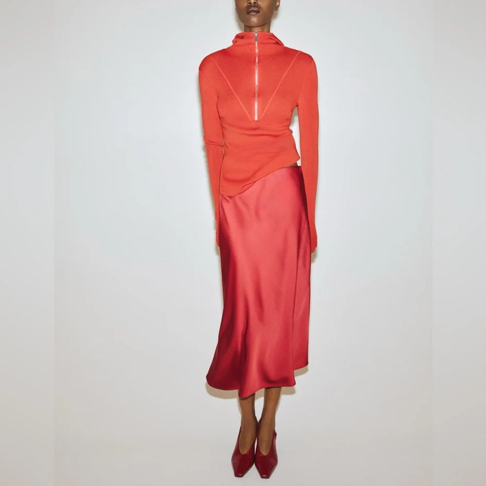 NWT H&M Elegant Red Satin Midi Skirt, XXL